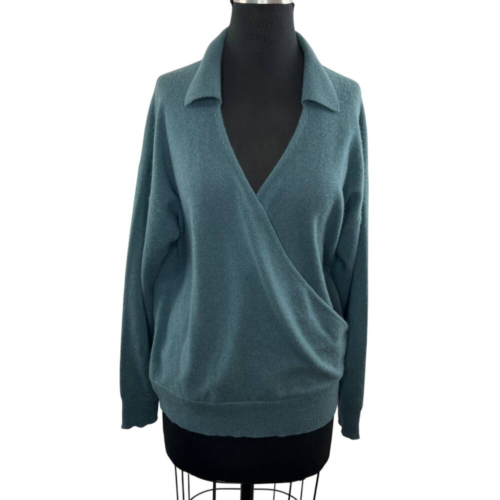 360 CASHMERE Teal Blue Wrap 100% Cashmere Collared V-Neck Surplice Sweater L NWT